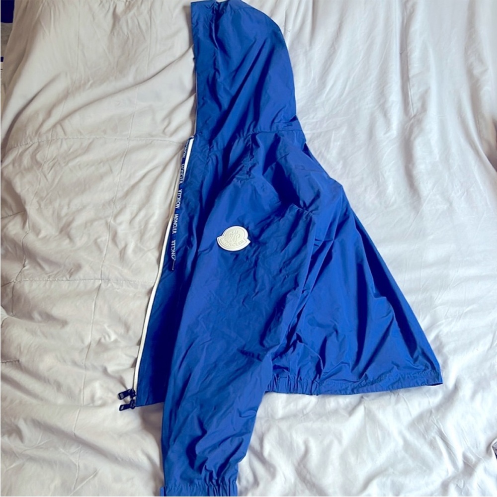 Moncler Blue Hooded Jacket with White Logo Patch